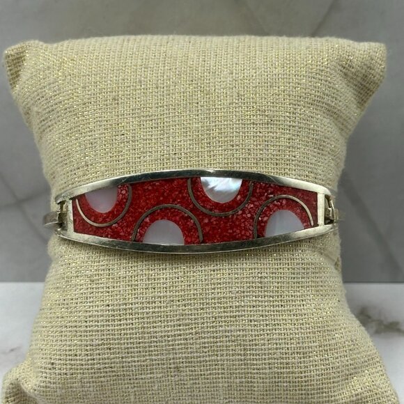 Vintage Alpaca Silver Hinged Bracelet Red Inlay Mother of Pearl Cuff 7" - Picture 1 of 12
